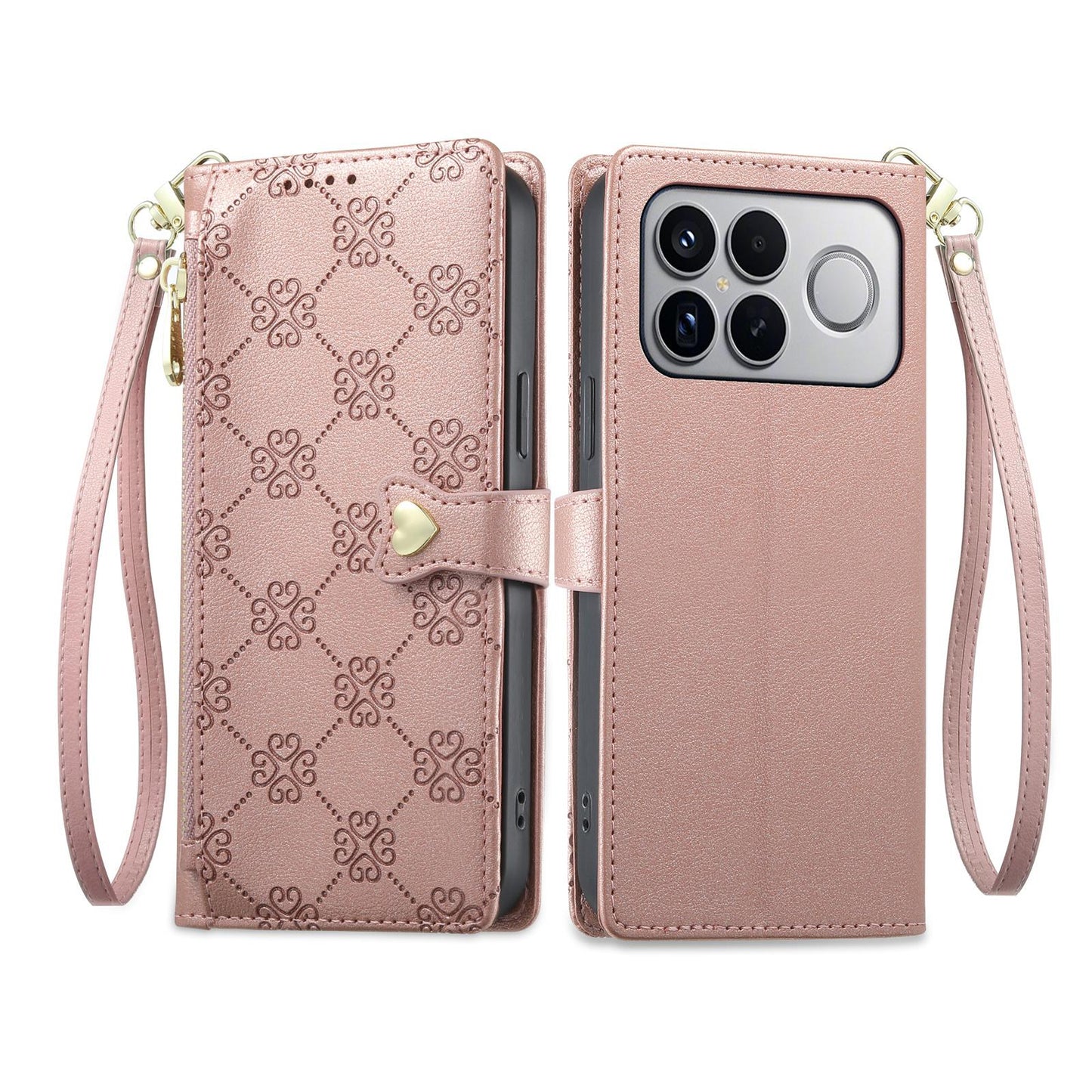 For Xiaomi Poco F8 Ultra / Redmi K90 Pro Max Zipper Wallet Heart Buckle Vegan Leather Phone Case with Wrist Strap(Pink)