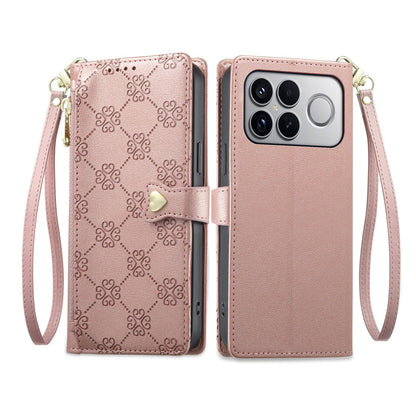 For Xiaomi Poco F8 Ultra / Redmi K90 Pro Max Zipper Wallet Heart Buckle Vegan Leather Phone Case with Wrist Strap(Pink)