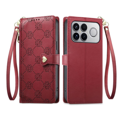 For Xiaomi Poco F8 Ultra / Redmi K90 Pro Max Zipper Wallet Heart Buckle Vegan Leather Phone Case with Wrist Strap(Red)