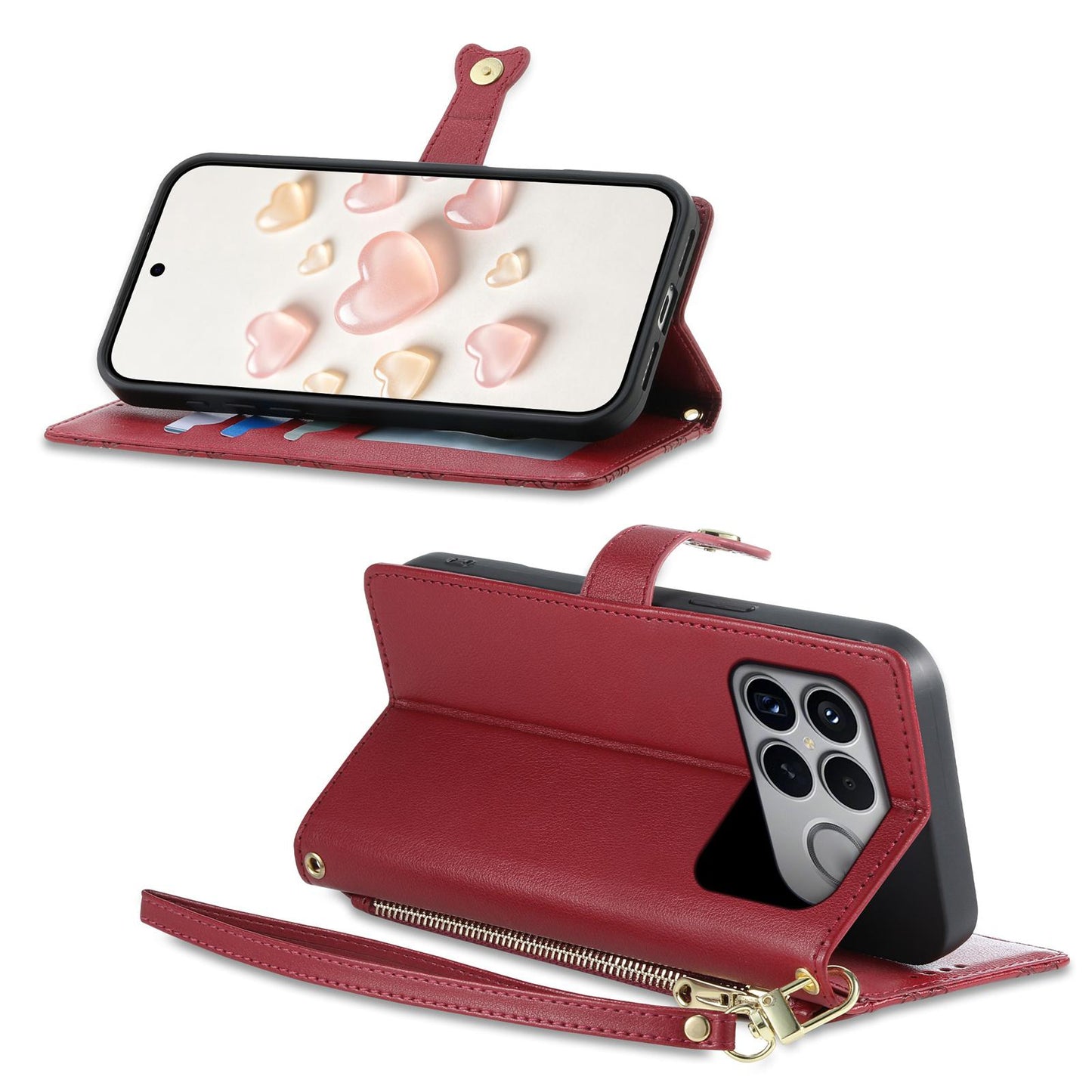 For Xiaomi Poco F8 Ultra / Redmi K90 Pro Max Zipper Wallet Heart Buckle Vegan Leather Phone Case with Wrist Strap(Red)