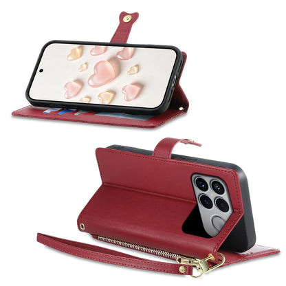 For Xiaomi Poco F8 Ultra / Redmi K90 Pro Max Zipper Wallet Heart Buckle Vegan Leather Phone Case with Wrist Strap(Red)