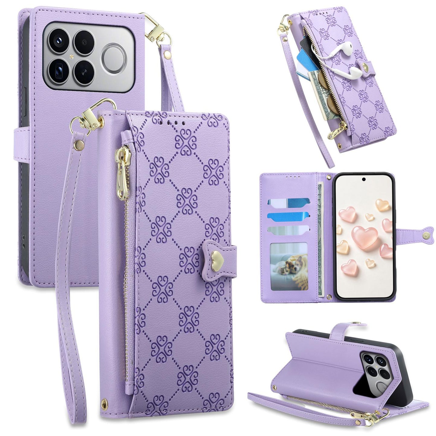 For Xiaomi Poco F8 Ultra / Redmi K90 Pro Max Zipper Wallet Heart Buckle Vegan Leather Phone Case with Wrist Strap(Purple)