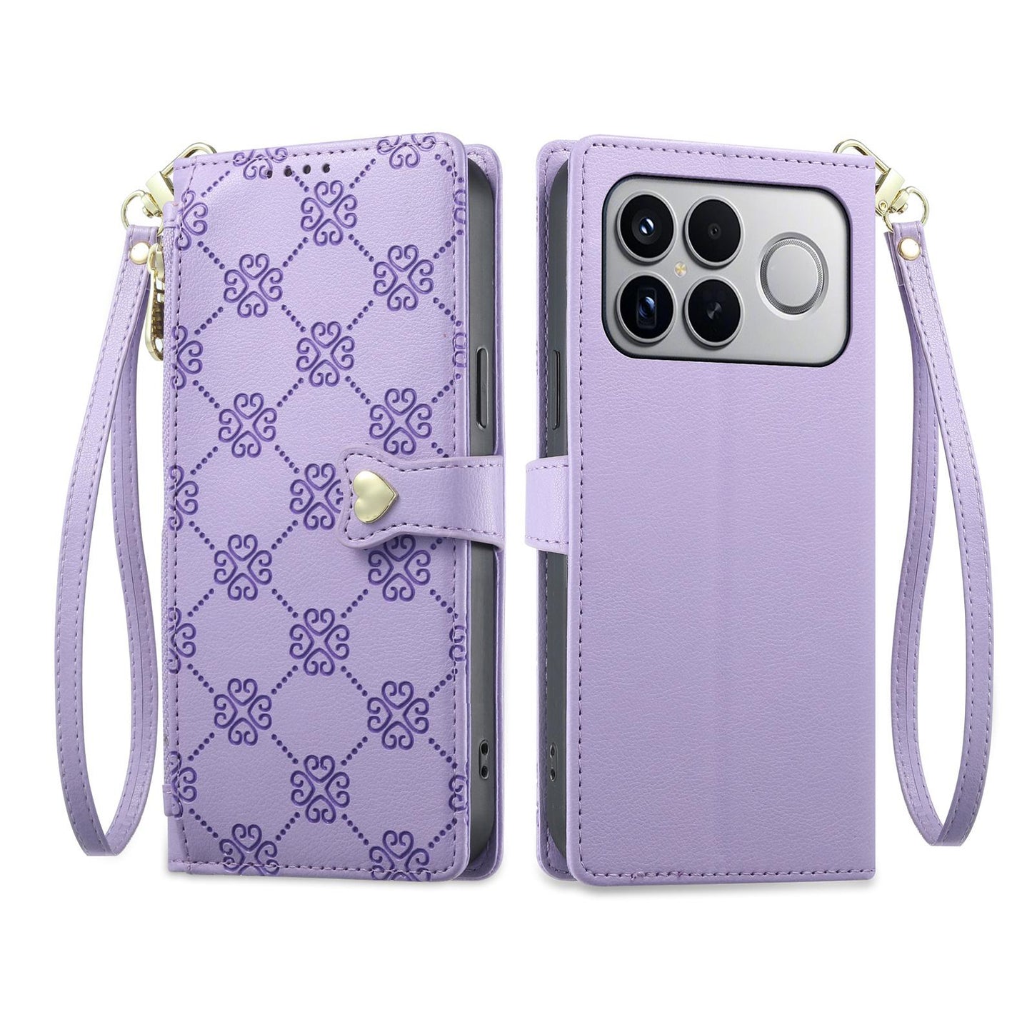 For Xiaomi Poco F8 Ultra / Redmi K90 Pro Max Zipper Wallet Heart Buckle Vegan Leather Phone Case with Wrist Strap(Purple)