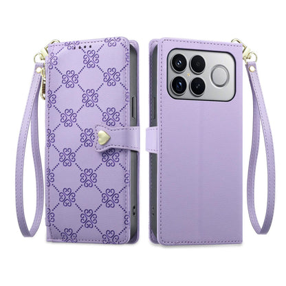 For Xiaomi Poco F8 Ultra / Redmi K90 Pro Max Zipper Wallet Heart Buckle Vegan Leather Phone Case with Wrist Strap(Purple)