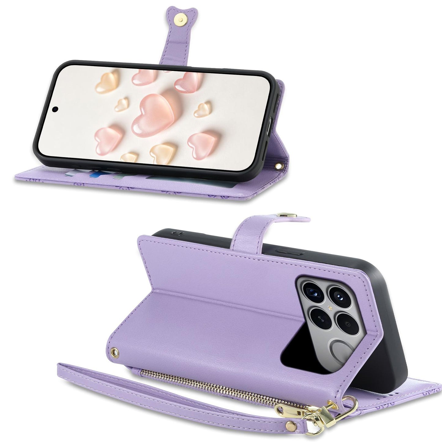 For Xiaomi Poco F8 Ultra / Redmi K90 Pro Max Zipper Wallet Heart Buckle Vegan Leather Phone Case with Wrist Strap(Purple)