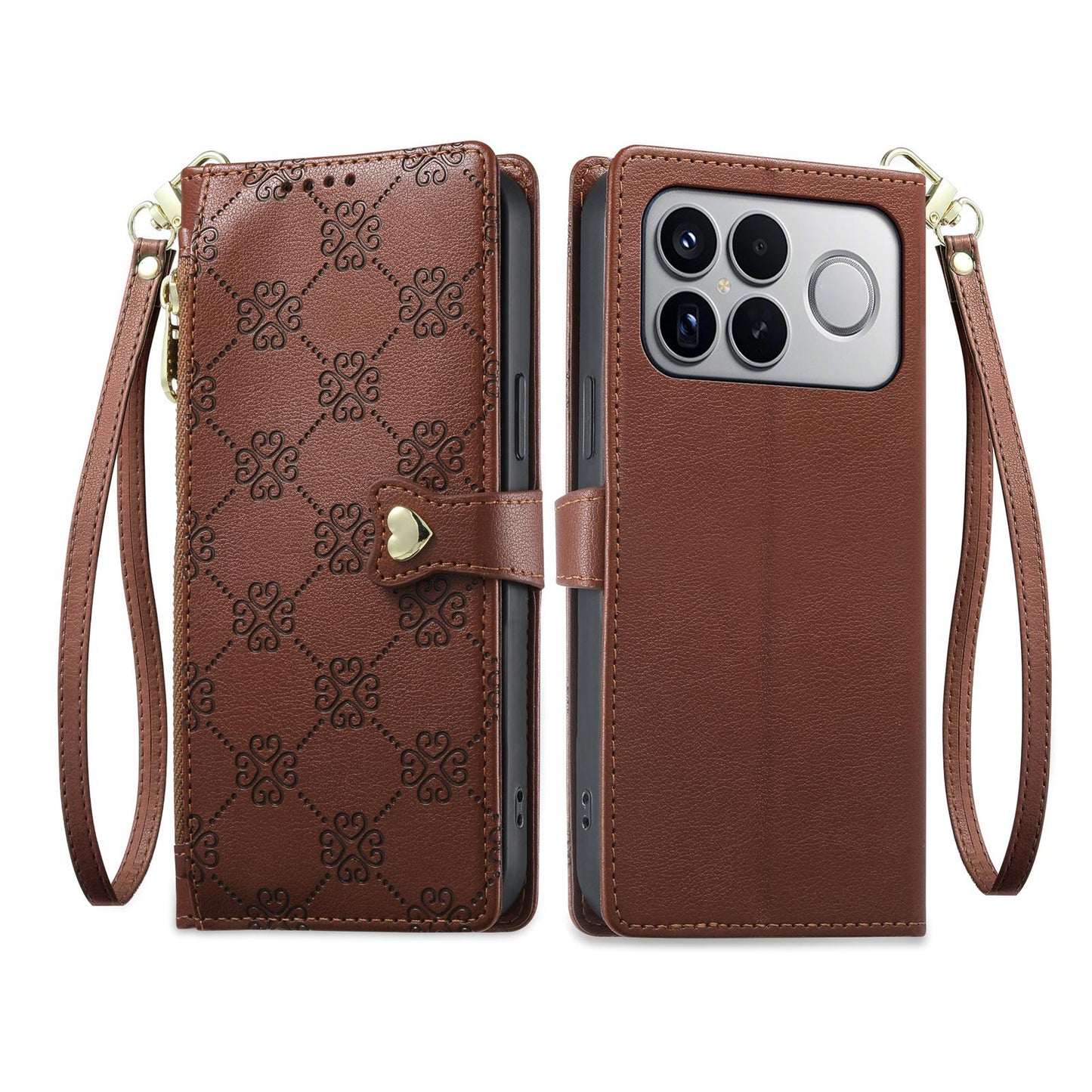 For Xiaomi Poco F8 Ultra / Redmi K90 Pro Max Zipper Wallet Heart Buckle Vegan Leather Phone Case with Wrist Strap(Brown)