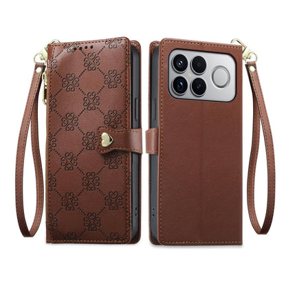 For Xiaomi Poco F8 Ultra / Redmi K90 Pro Max Zipper Wallet Heart Buckle Vegan Leather Phone Case with Wrist Strap(Brown)