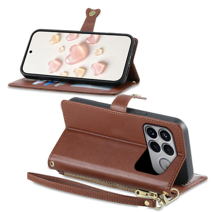 For Xiaomi Poco F8 Ultra / Redmi K90 Pro Max Zipper Wallet Heart Buckle Vegan Leather Phone Case with Wrist Strap(Brown)