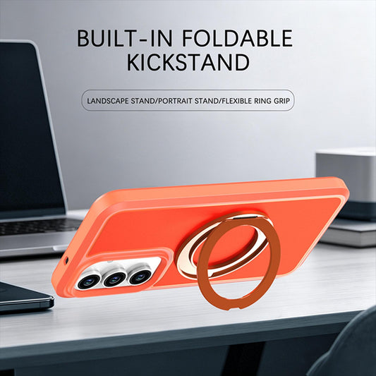 For Galaxy S26 / S25 FE 5G Silicone Magnetic Anti-drop Protective Phone Case with 360 Rotating Holder(Orange)
