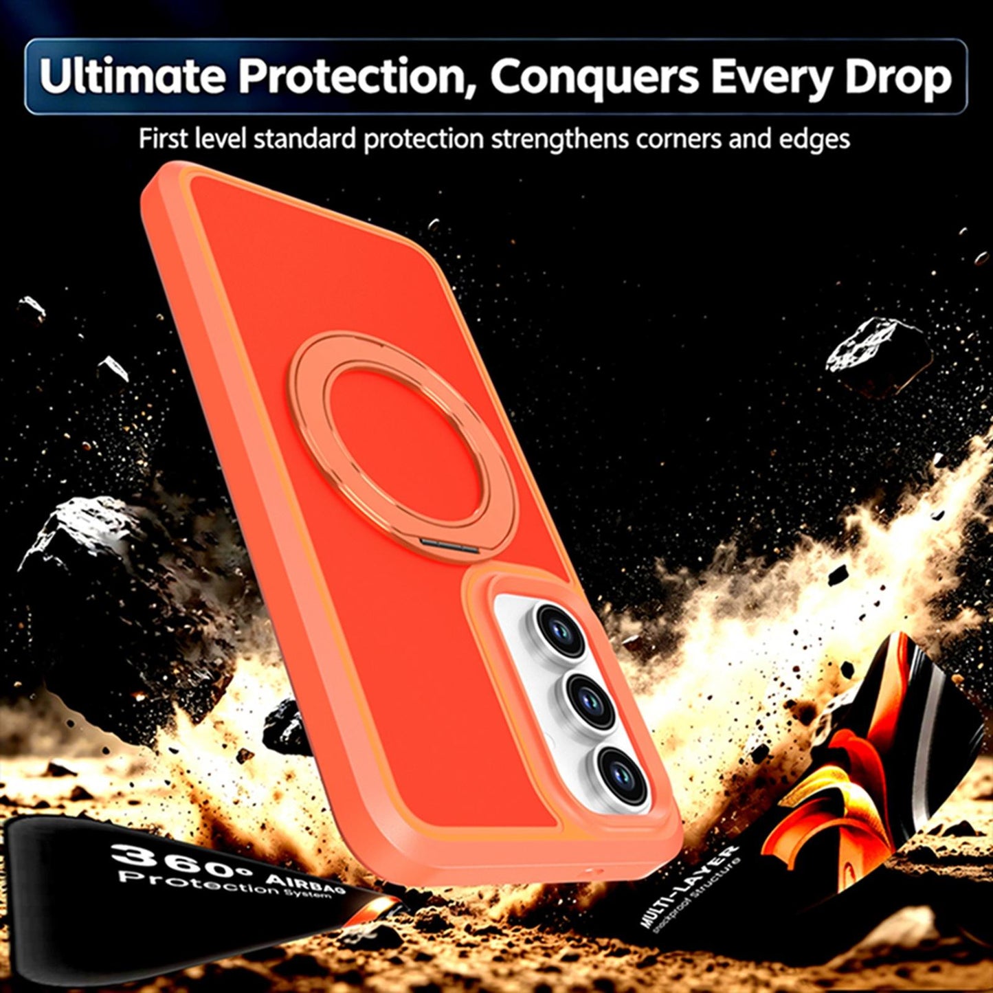 For Galaxy S26 / S25 FE 5G Silicone Magnetic Anti-drop Protective Phone Case with 360 Rotating Holder(Orange)
