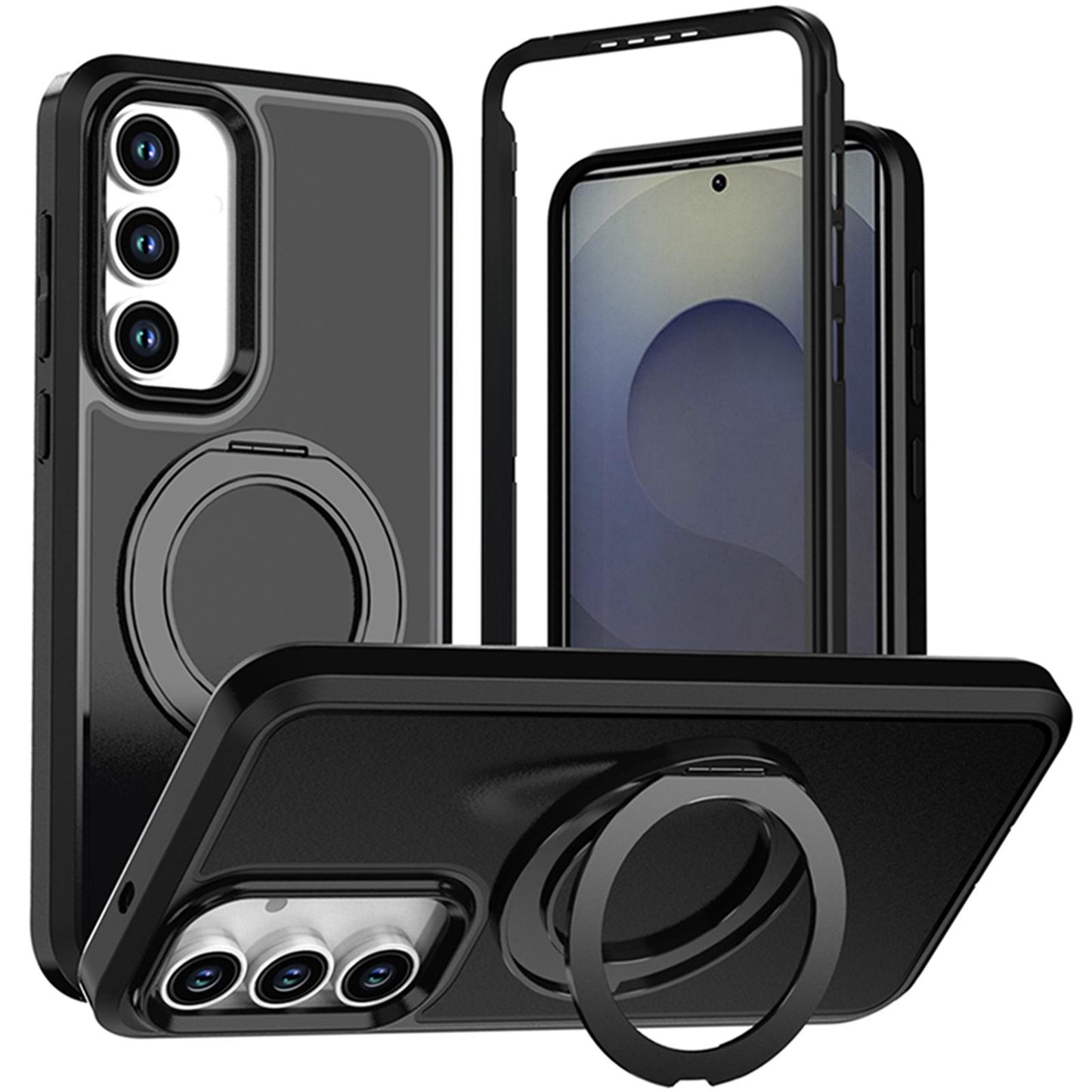 For Galaxy S26 / S25 FE 5G Silicone Magnetic Anti-drop Protective Phone Case with 360 Rotating Holder(Black)