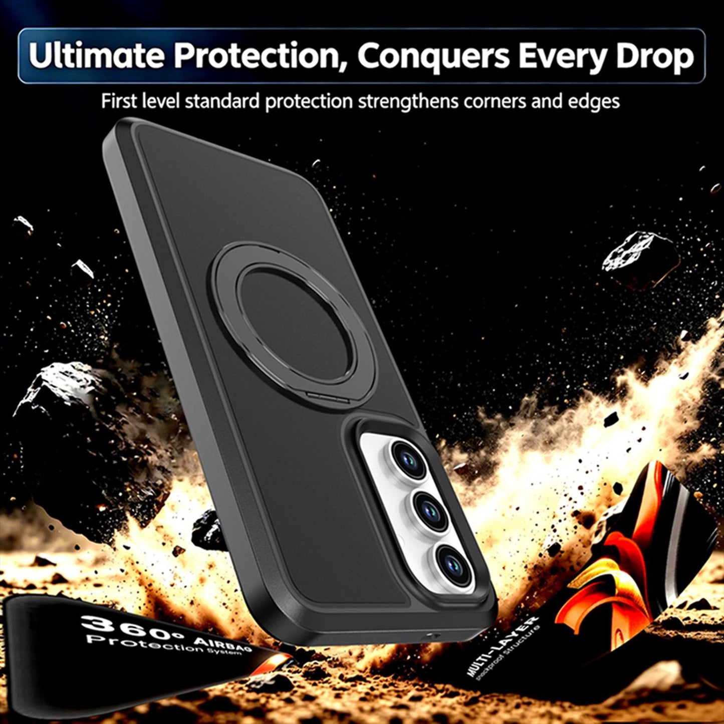 For Galaxy S26 / S25 FE 5G Silicone Magnetic Anti-drop Protective Phone Case with 360 Rotating Holder(Black)
