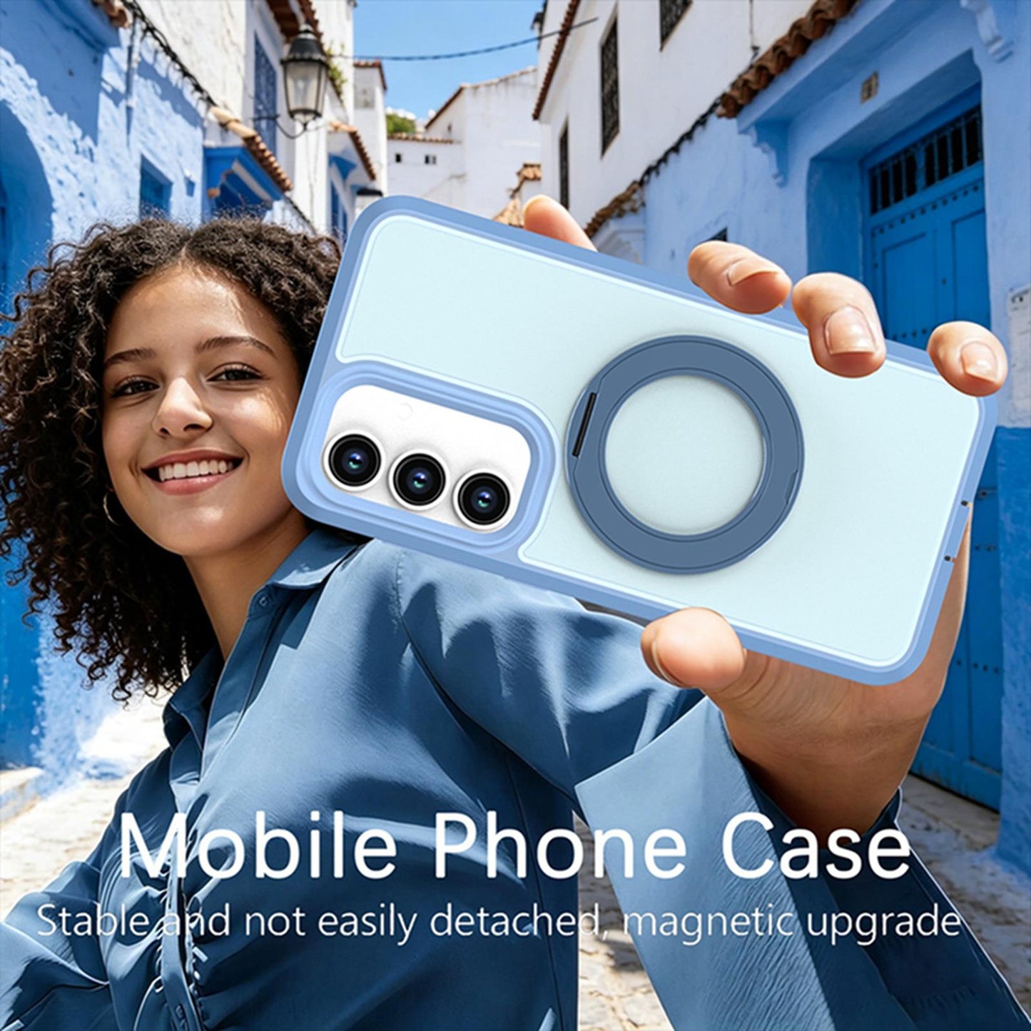 For Galaxy S26 / S25 FE 5G Silicone Magnetic Anti-drop Protective Phone Case with 360 Rotating Holder(Light Blue)