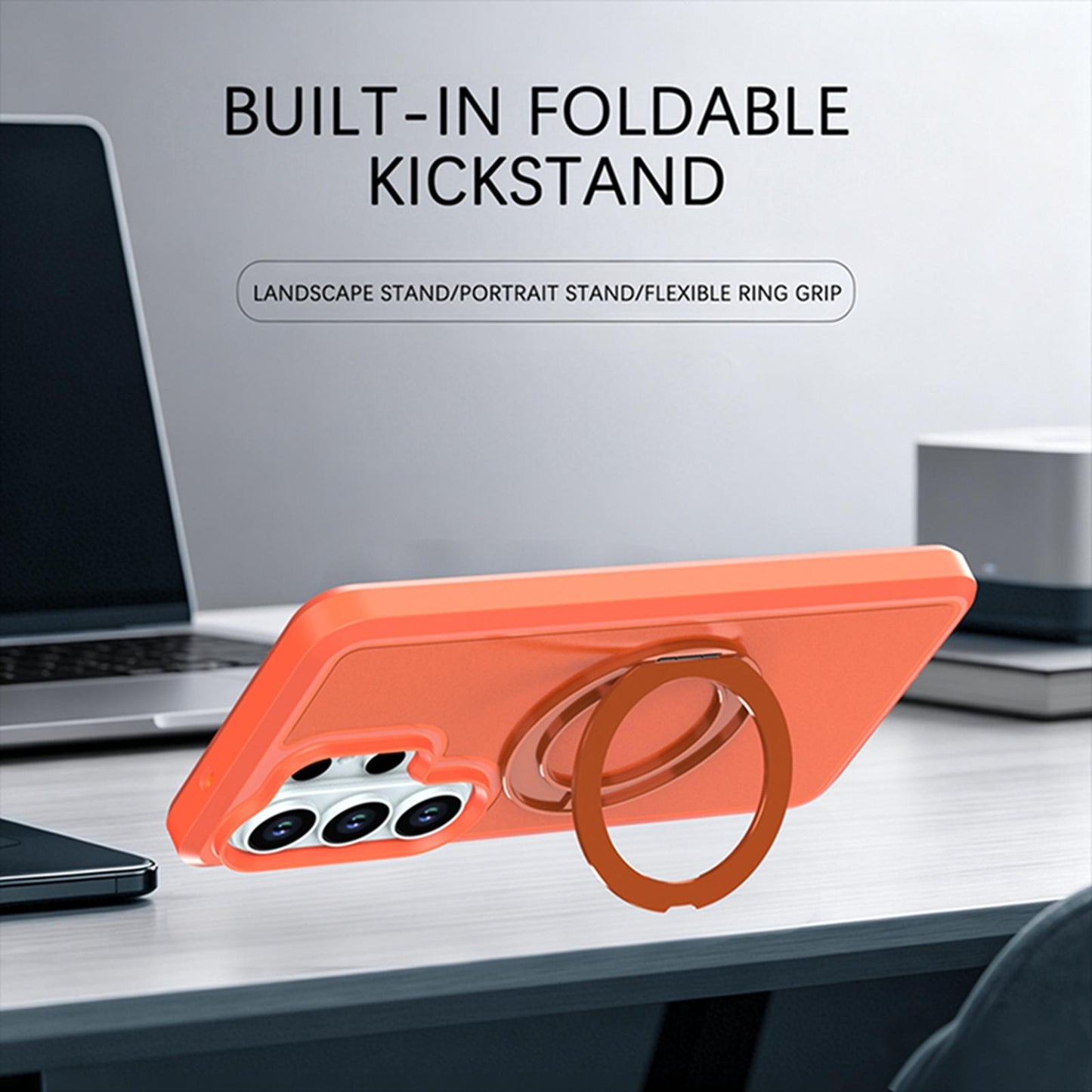 For Galaxy S26 Ultra 5G Silicone Magnetic Anti-drop Protective Phone Case with 360 Rotating Holder(Orange)