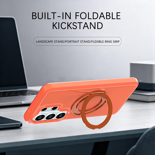 For Galaxy S26 Ultra 5G Silicone Magnetic Anti-drop Protective Phone Case with 360 Rotating Holder(Orange)