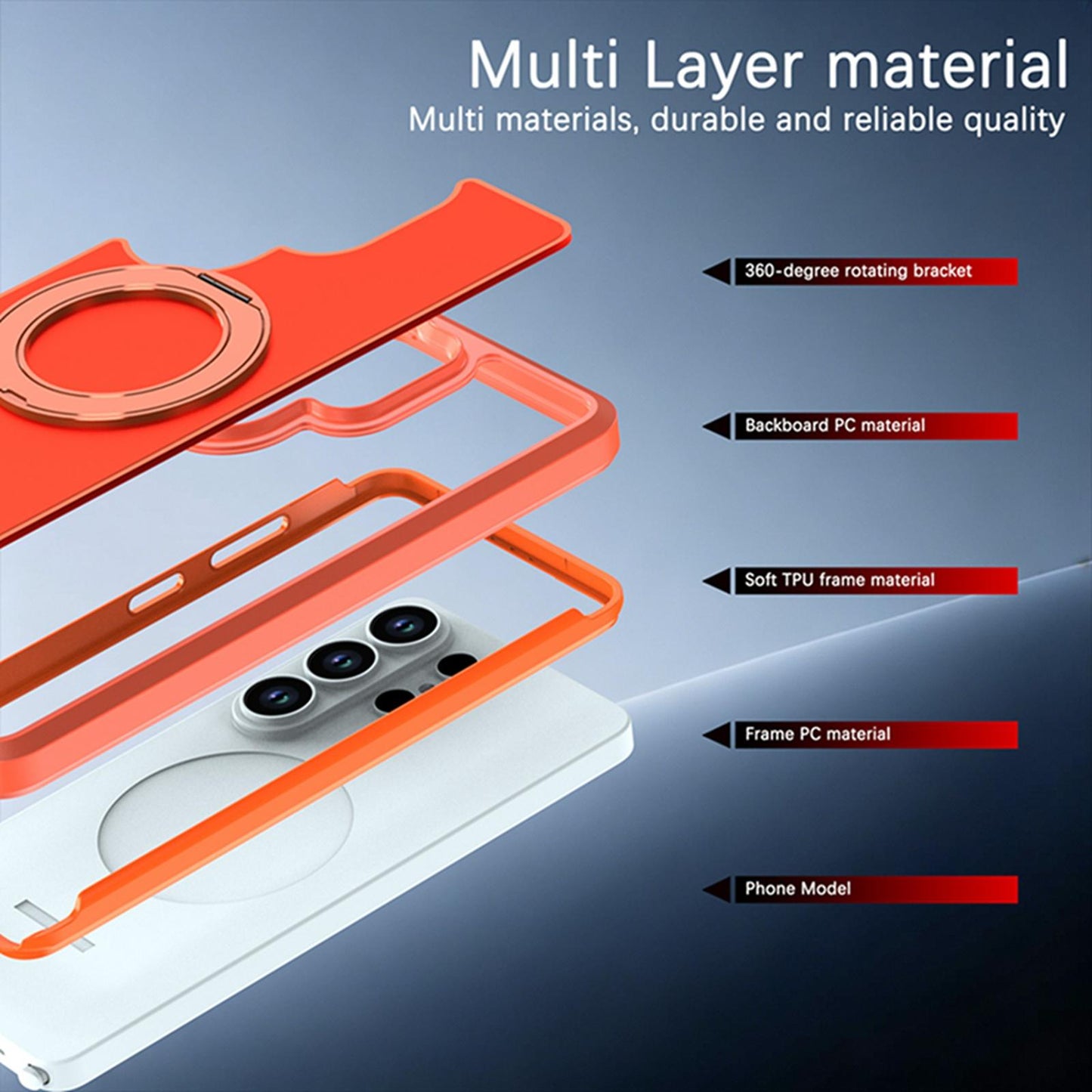 For Galaxy S26 Ultra 5G Silicone Magnetic Anti-drop Protective Phone Case with 360 Rotating Holder(Orange)