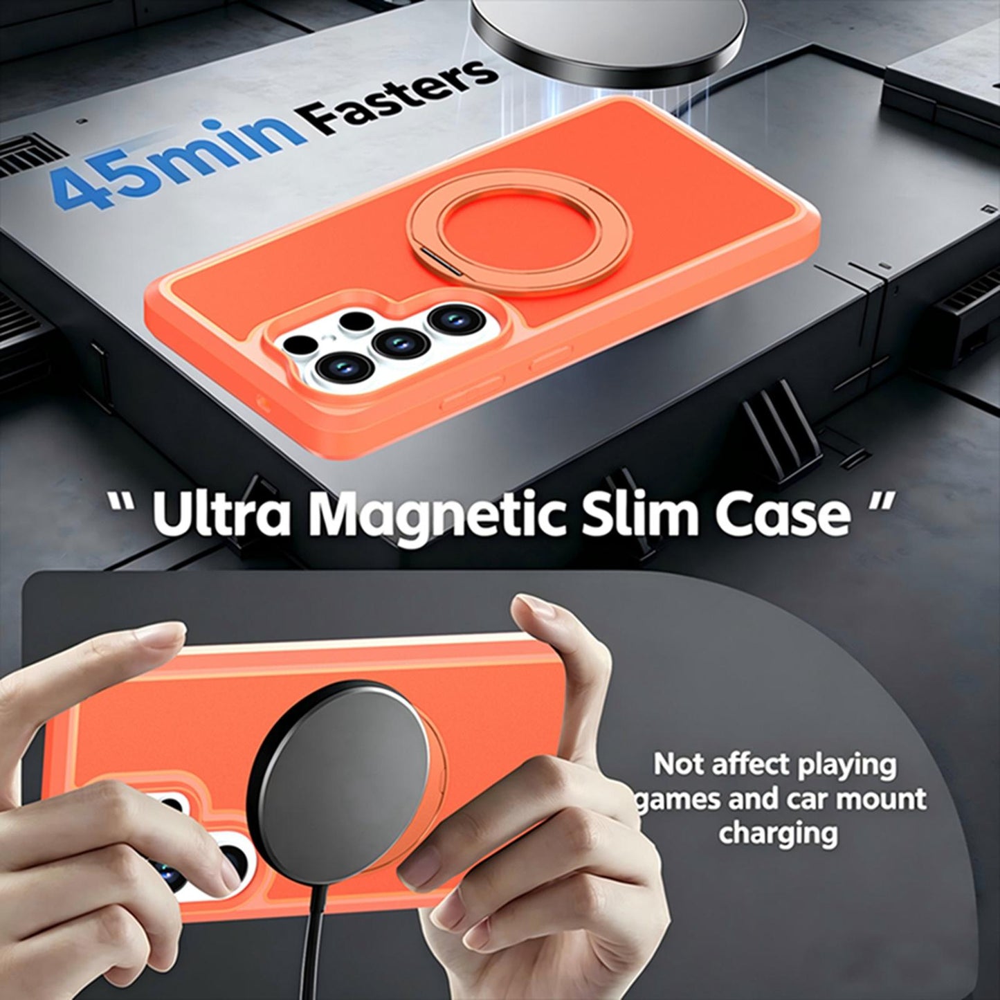For Galaxy S26 Ultra 5G Silicone Magnetic Anti-drop Protective Phone Case with 360 Rotating Holder(Orange)