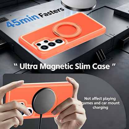 For Galaxy S26 Ultra 5G Silicone Magnetic Anti-drop Protective Phone Case with 360 Rotating Holder(Orange)