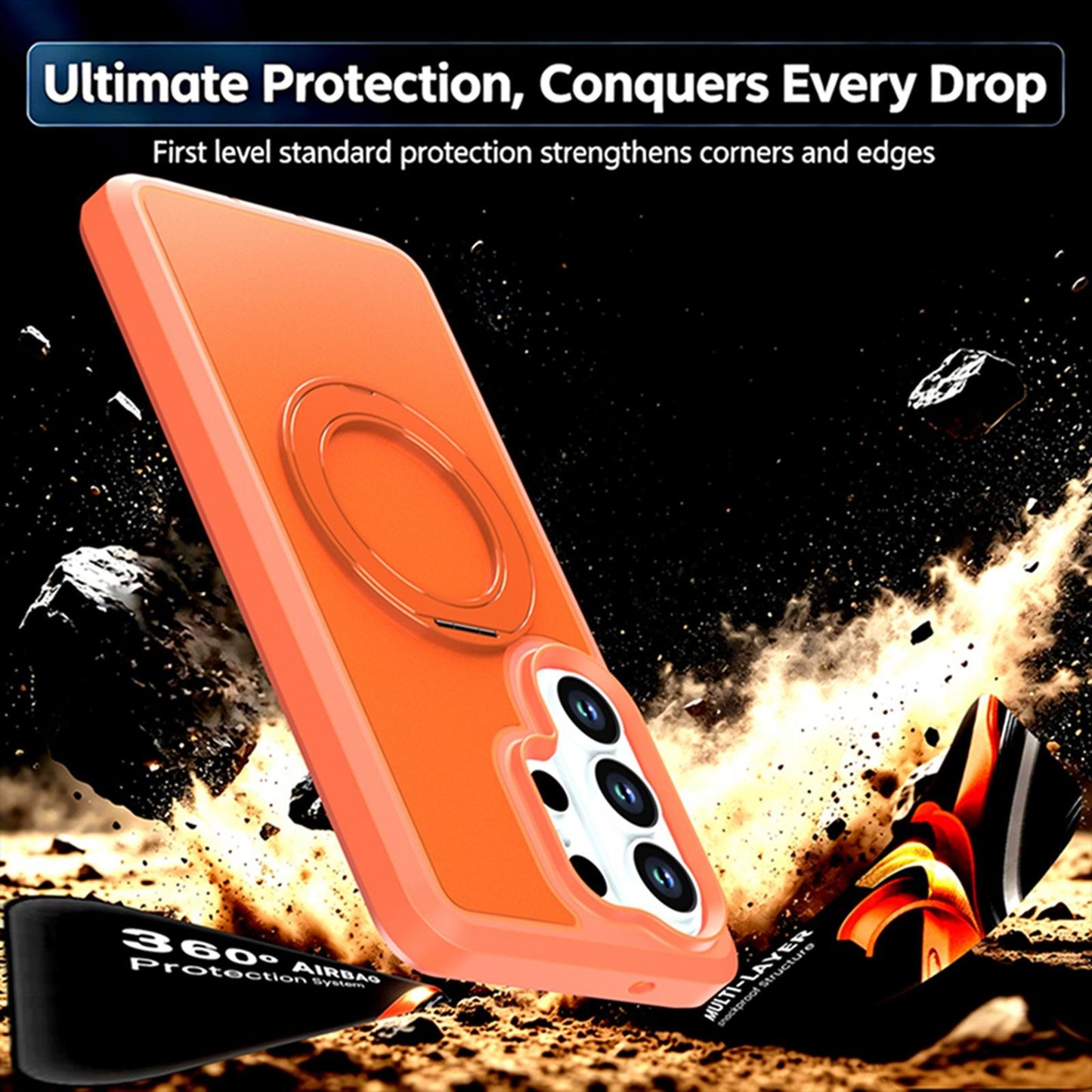 For Galaxy S26 Ultra 5G Silicone Magnetic Anti-drop Protective Phone Case with 360 Rotating Holder(Orange)