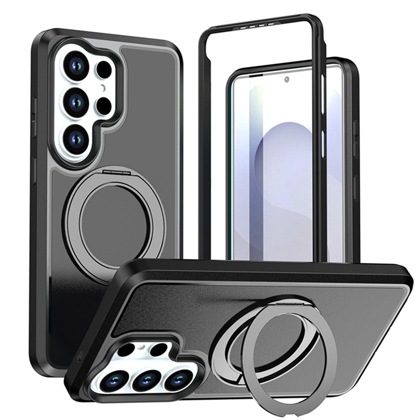 For Galaxy S26 Ultra 5G Silicone Magnetic Anti-drop Protective Phone Case with 360 Rotating Holder(Black)