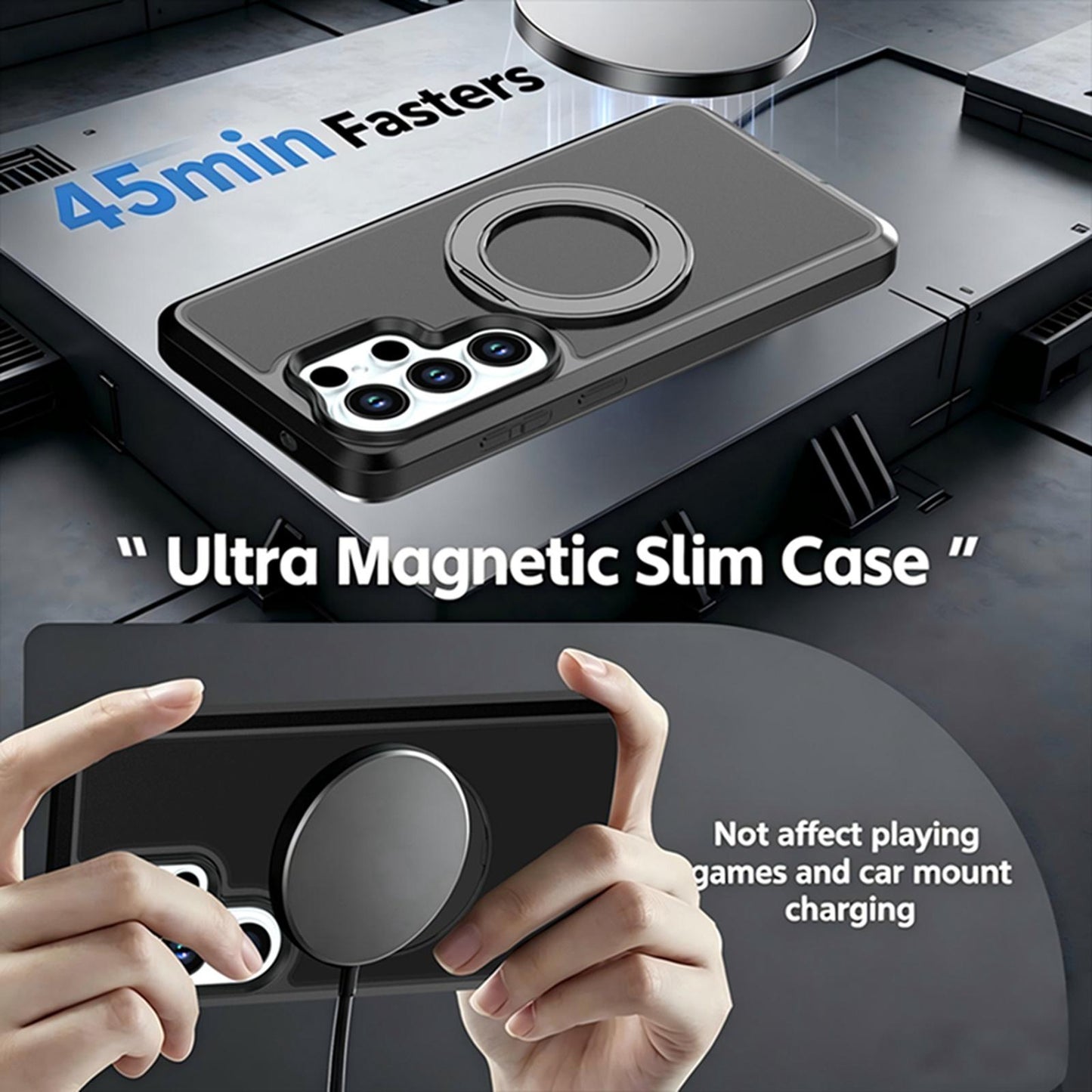 For Galaxy S26 Ultra 5G Silicone Magnetic Anti-drop Protective Phone Case with 360 Rotating Holder(Black)