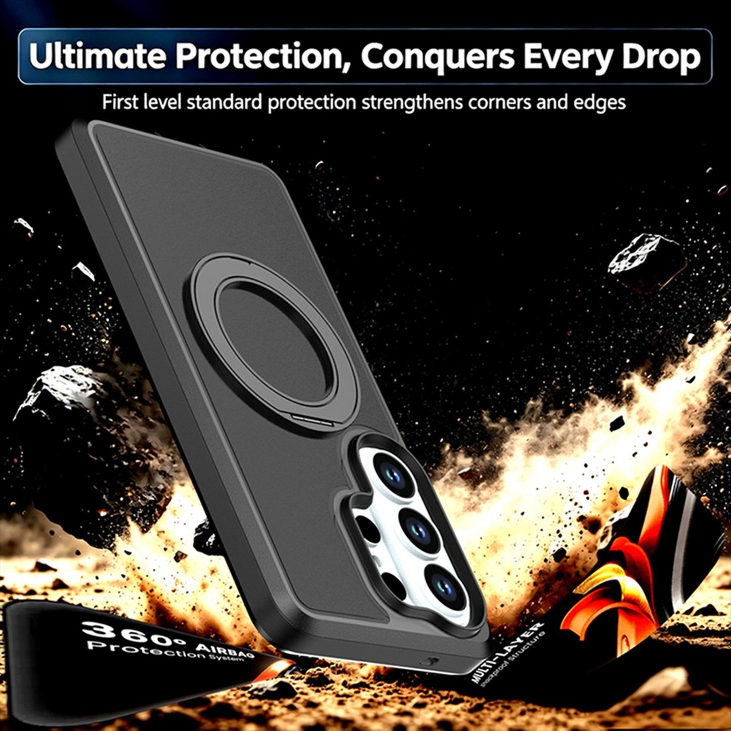 For Galaxy S26 Ultra 5G Silicone Magnetic Anti-drop Protective Phone Case with 360 Rotating Holder(Black)