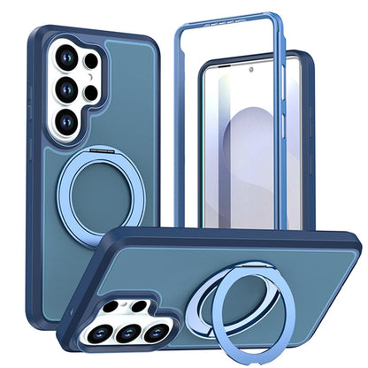 For Galaxy S26 Ultra 5G Silicone Magnetic Anti-drop Protective Phone Case with 360 Rotating Holder(Blue)