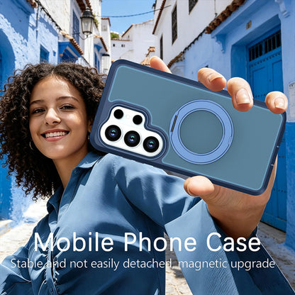 For Galaxy S26 Ultra 5G Silicone Magnetic Anti-drop Protective Phone Case with 360 Rotating Holder(Blue)