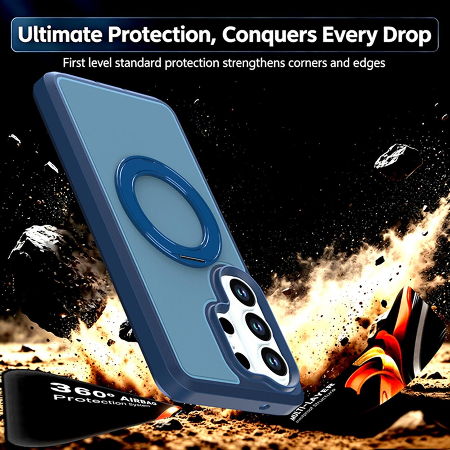 For Galaxy S26 Ultra 5G Silicone Magnetic Anti-drop Protective Phone Case with 360 Rotating Holder(Blue)