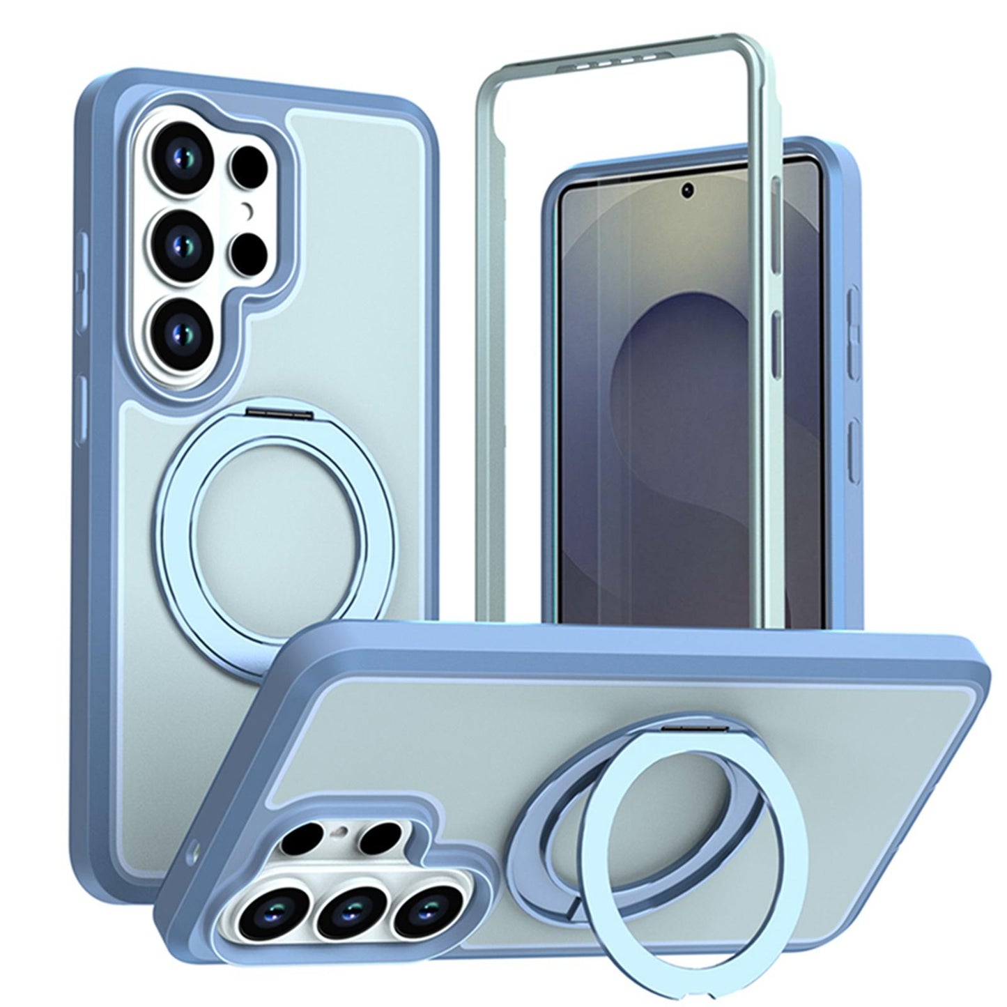 For Galaxy S26 Ultra 5G Silicone Magnetic Anti-drop Protective Phone Case with 360 Rotating Holder(Light Blue)
