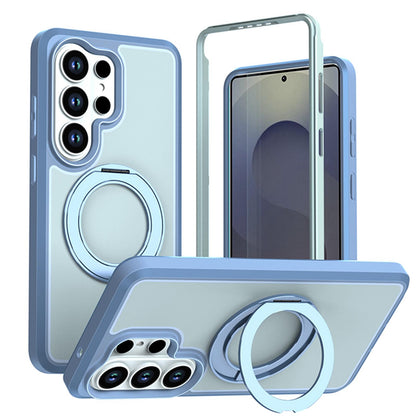 For Galaxy S26 Ultra 5G Silicone Magnetic Anti-drop Protective Phone Case with 360 Rotating Holder(Light Blue)