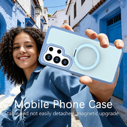 For Galaxy S26 Ultra 5G Silicone Magnetic Anti-drop Protective Phone Case with 360 Rotating Holder(Light Blue)