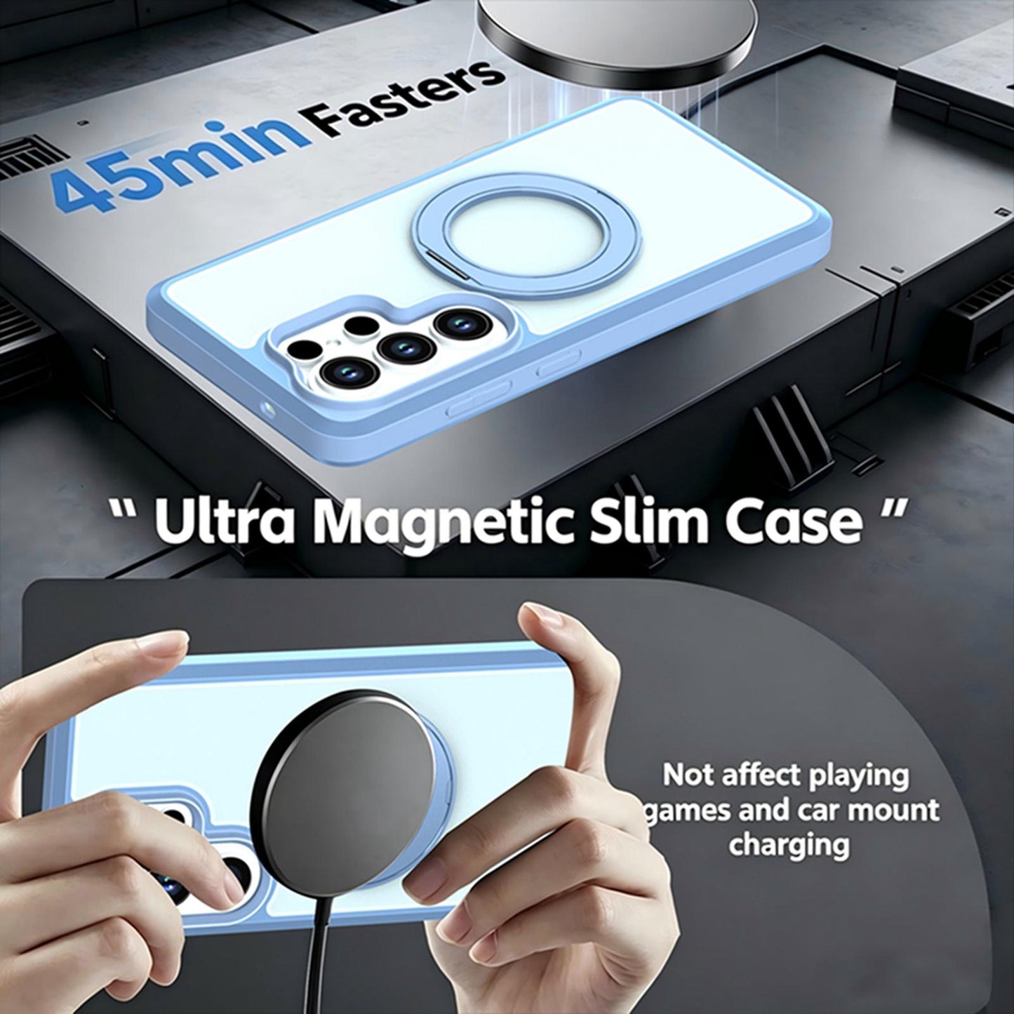 For Galaxy S26 Ultra 5G Silicone Magnetic Anti-drop Protective Phone Case with 360 Rotating Holder(Light Blue)