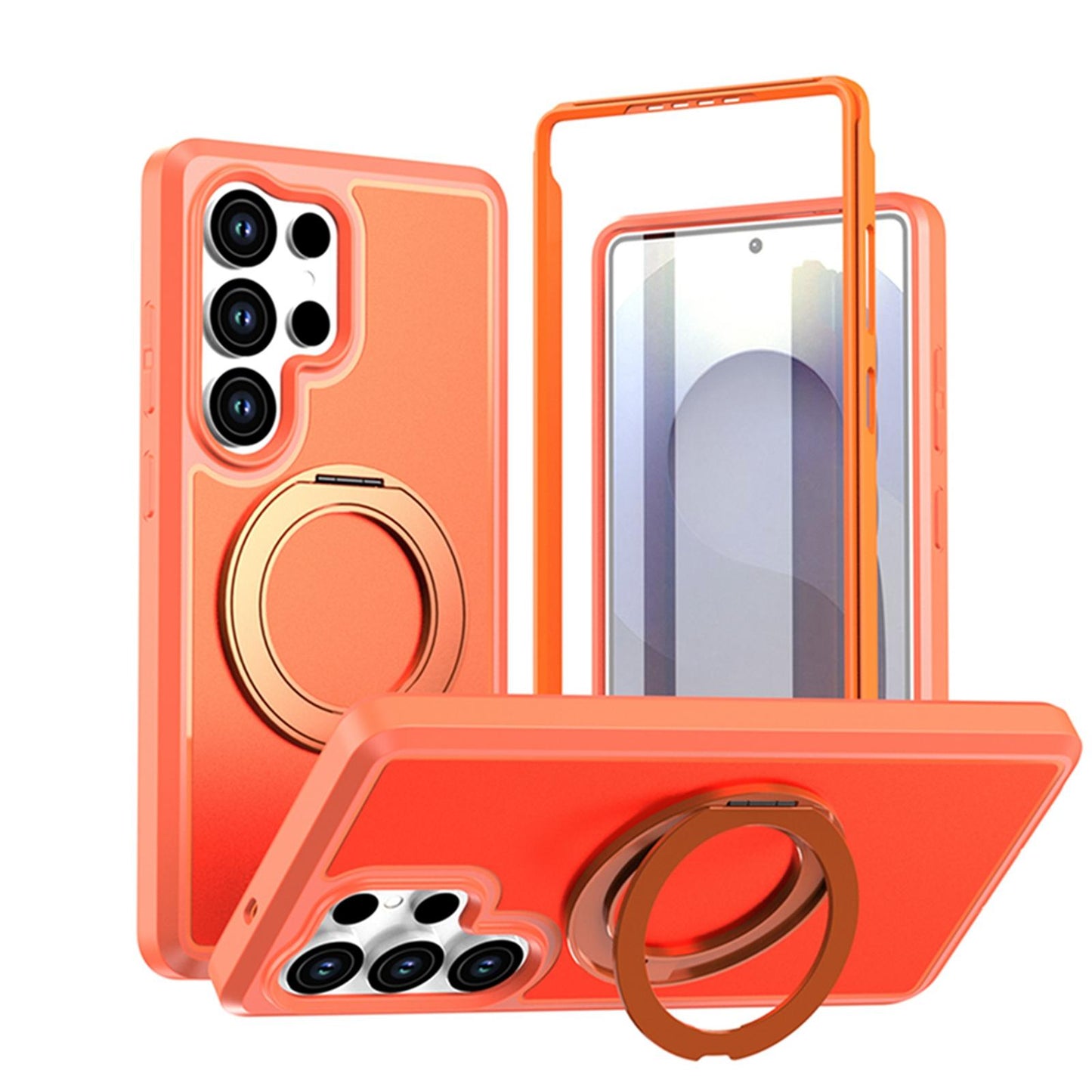 For Galaxy S25 Ultra 5G Silicone Magnetic Anti-drop Protective Phone Case with 360 Rotating Holder(Orange)