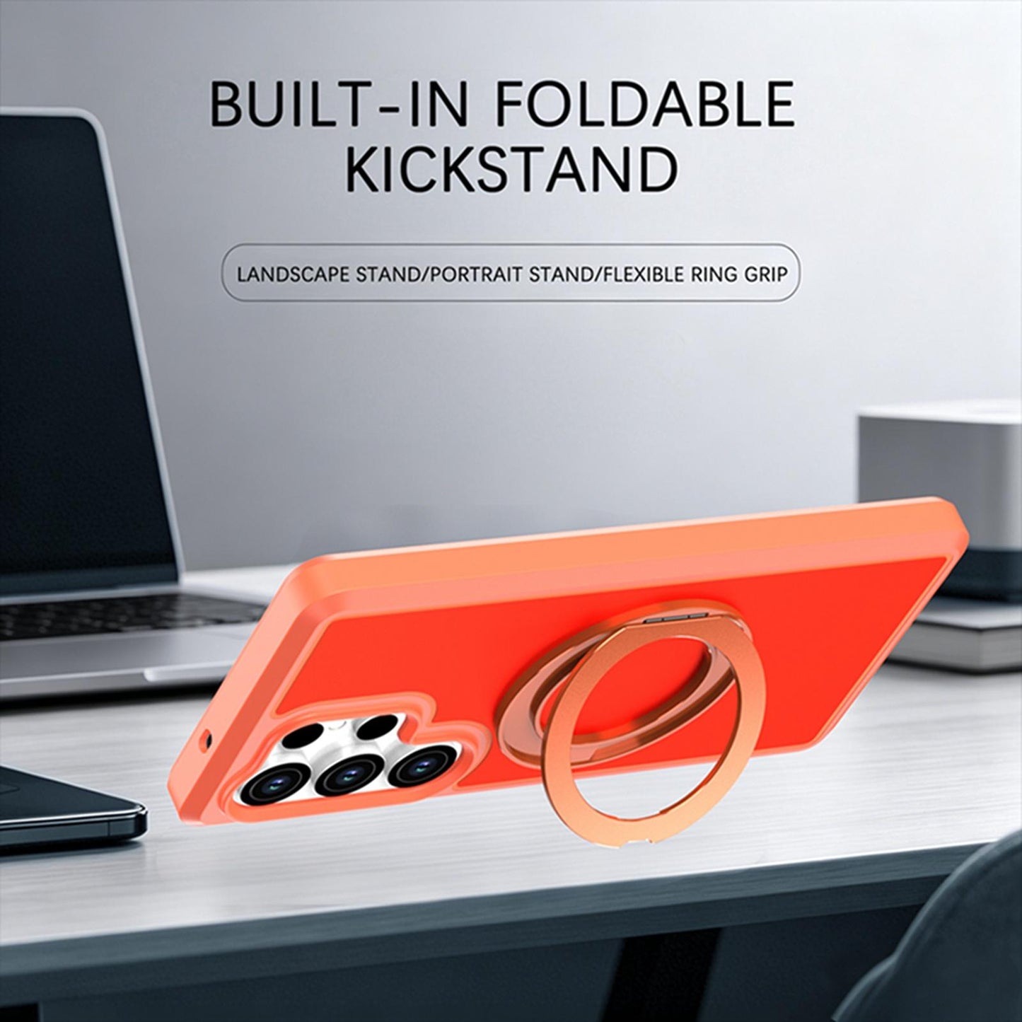 For Galaxy S25 Ultra 5G Silicone Magnetic Anti-drop Protective Phone Case with 360 Rotating Holder(Orange)