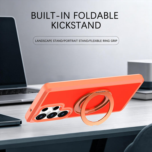 For Galaxy S25 Ultra 5G Silicone Magnetic Anti-drop Protective Phone Case with 360 Rotating Holder(Orange)