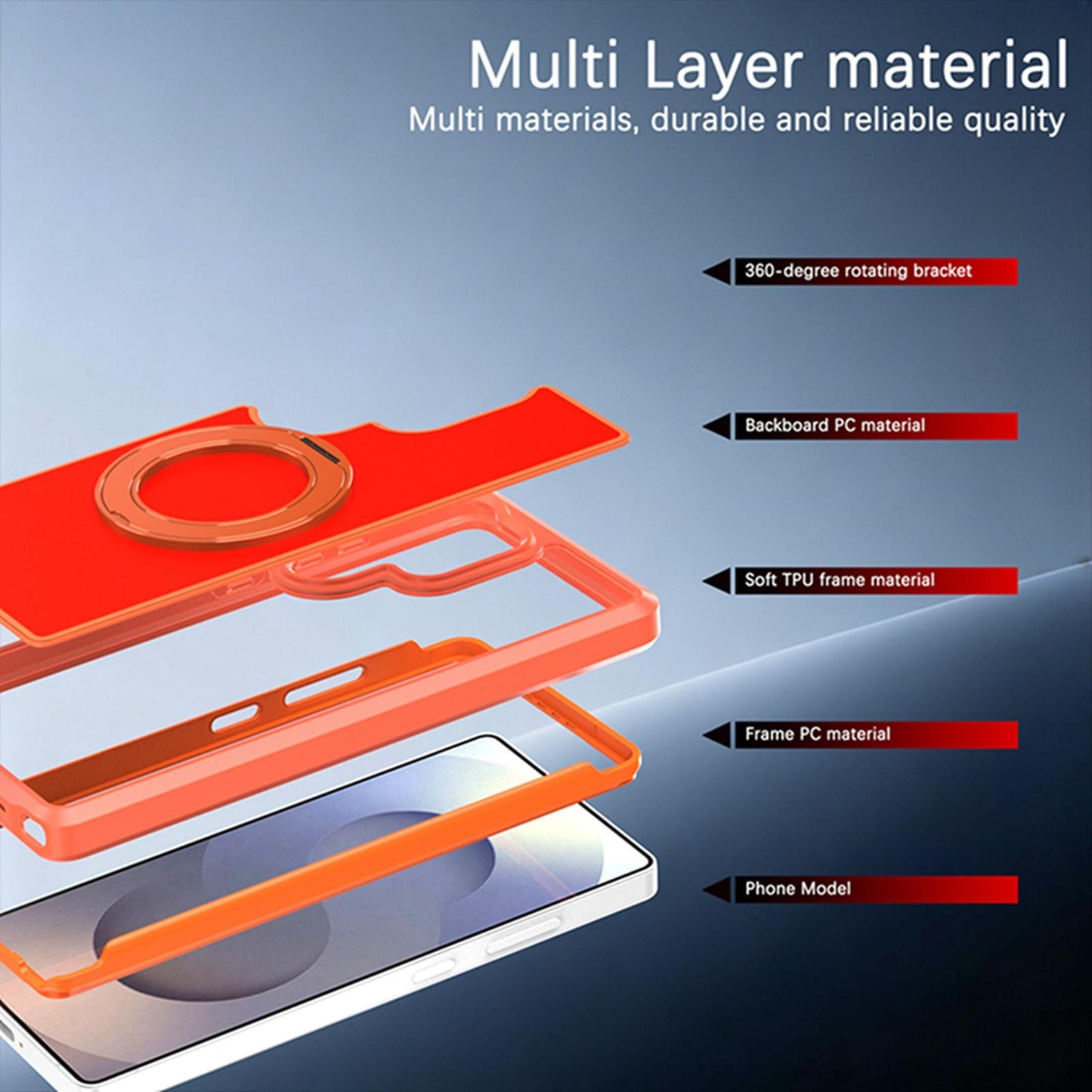 For Galaxy S25 Ultra 5G Silicone Magnetic Anti-drop Protective Phone Case with 360 Rotating Holder(Orange)