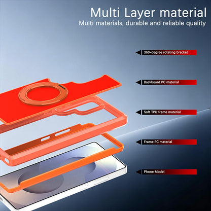 For Galaxy S25 Ultra 5G Silicone Magnetic Anti-drop Protective Phone Case with 360 Rotating Holder(Orange)