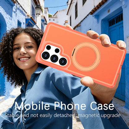 For Galaxy S25 Ultra 5G Silicone Magnetic Anti-drop Protective Phone Case with 360 Rotating Holder(Orange)