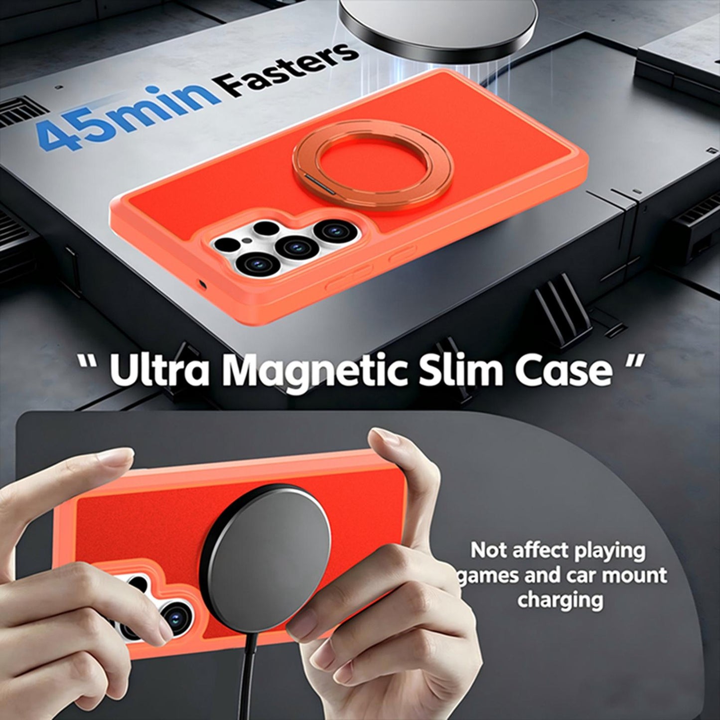 For Galaxy S25 Ultra 5G Silicone Magnetic Anti-drop Protective Phone Case with 360 Rotating Holder(Orange)