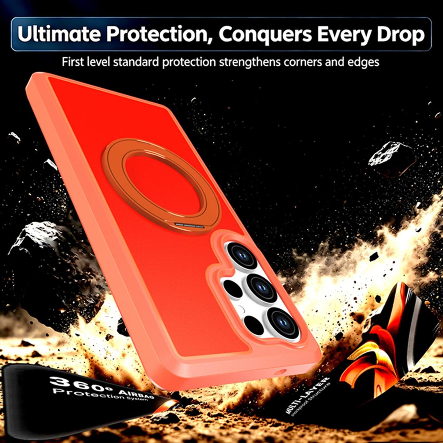 For Galaxy S25 Ultra 5G Silicone Magnetic Anti-drop Protective Phone Case with 360 Rotating Holder(Orange)