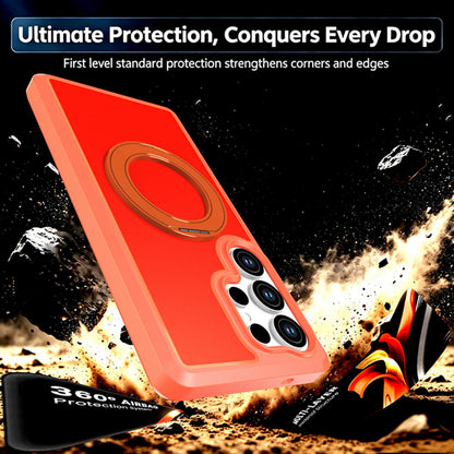 For Galaxy S25 Ultra 5G Silicone Magnetic Anti-drop Protective Phone Case with 360 Rotating Holder(Orange)