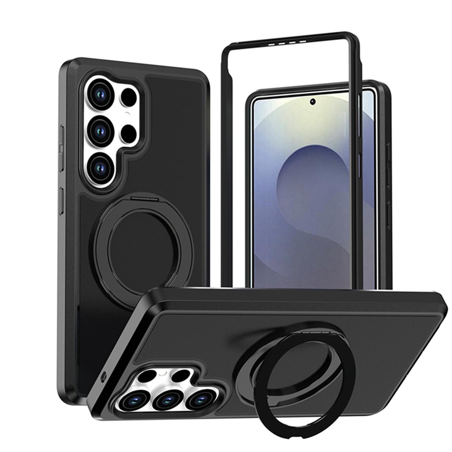 For Galaxy S25 Ultra 5G Silicone Magnetic Anti-drop Protective Phone Case with 360 Rotating Holder(Black)