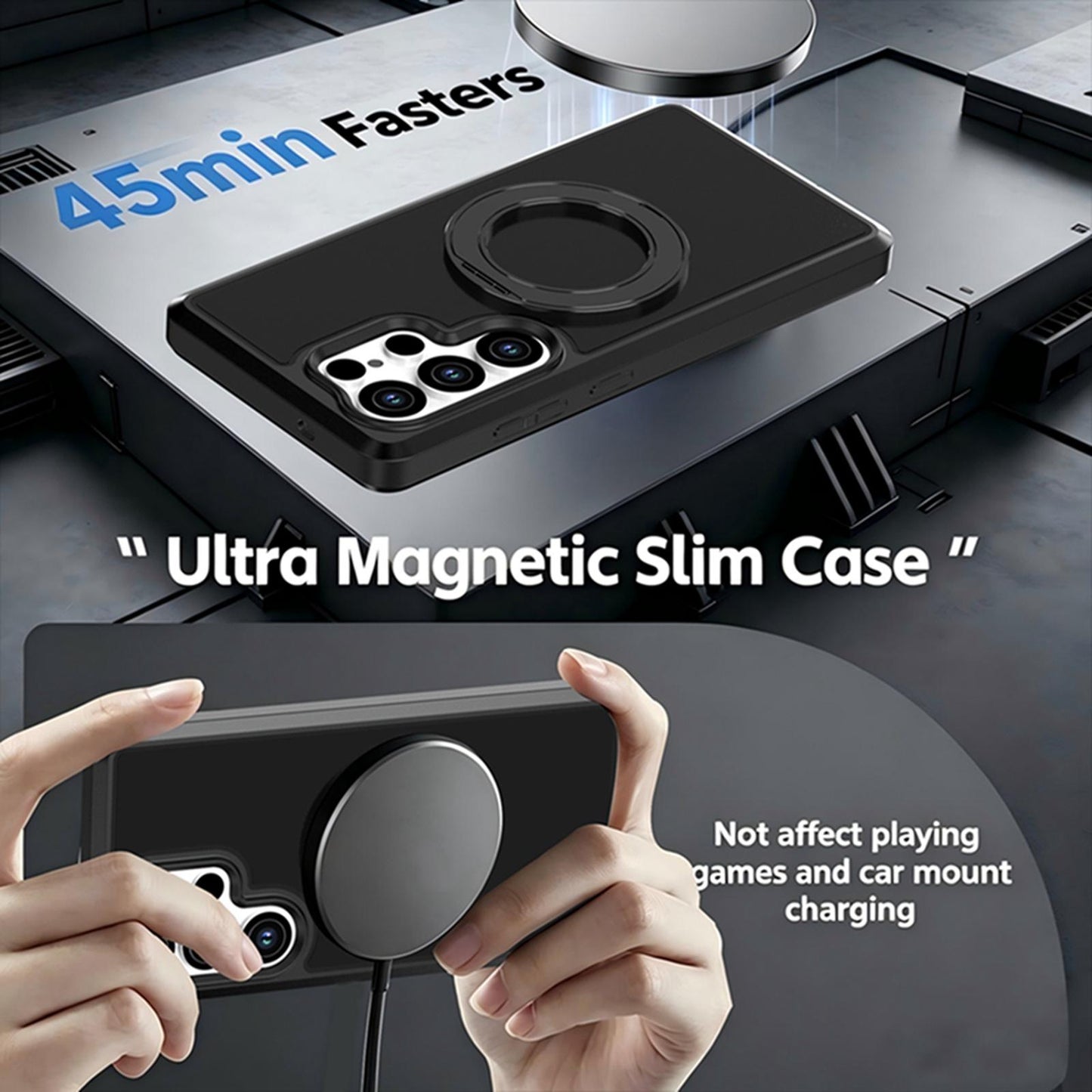 For Galaxy S25 Ultra 5G Silicone Magnetic Anti-drop Protective Phone Case with 360 Rotating Holder(Black)