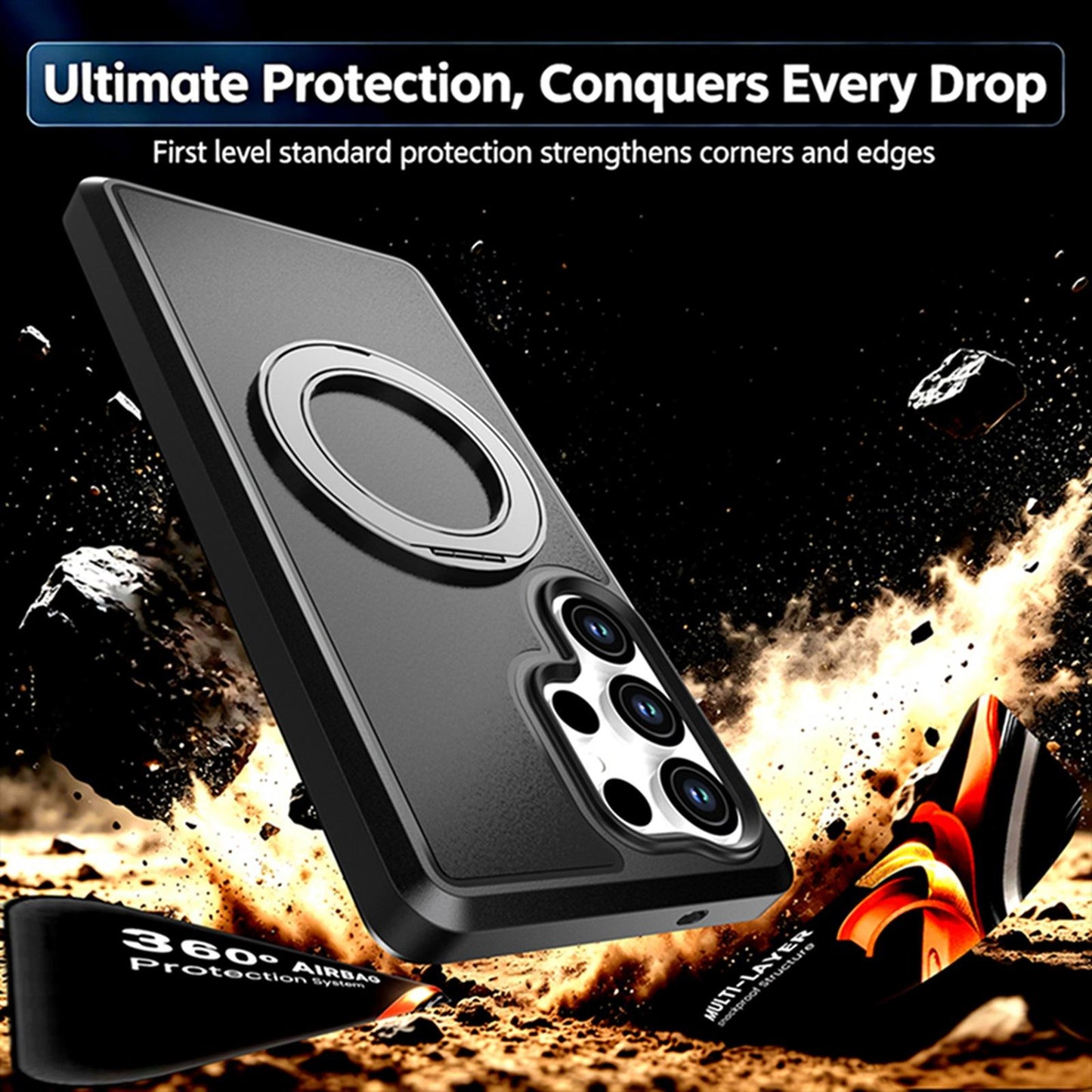 For Galaxy S25 Ultra 5G Silicone Magnetic Anti-drop Protective Phone Case with 360 Rotating Holder(Black)