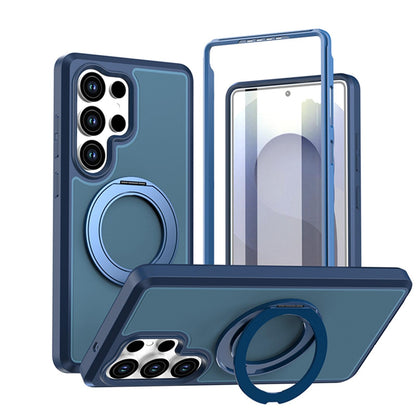 For Galaxy S25 Ultra 5G Silicone Magnetic Anti-drop Protective Phone Case with 360 Rotating Holder(Blue)