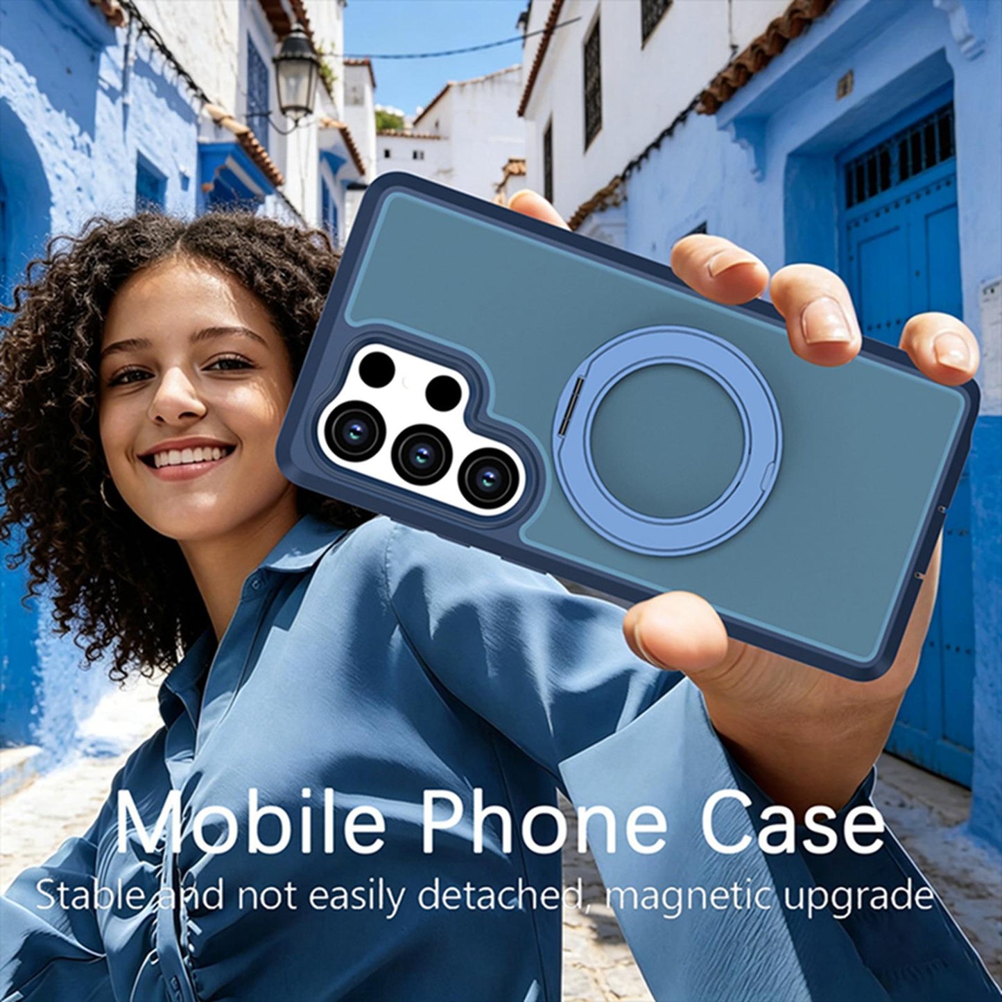 For Galaxy S25 Ultra 5G Silicone Magnetic Anti-drop Protective Phone Case with 360 Rotating Holder(Blue)
