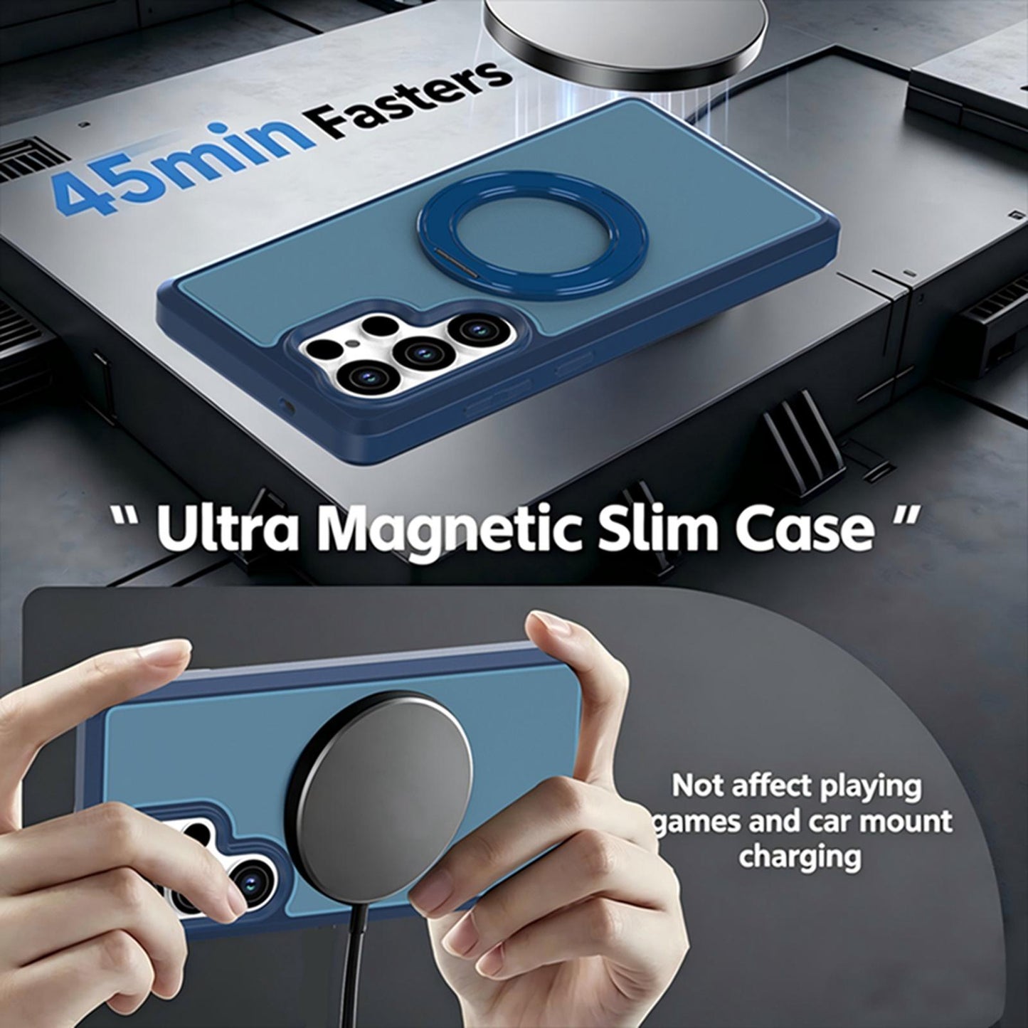 For Galaxy S25 Ultra 5G Silicone Magnetic Anti-drop Protective Phone Case with 360 Rotating Holder(Blue)