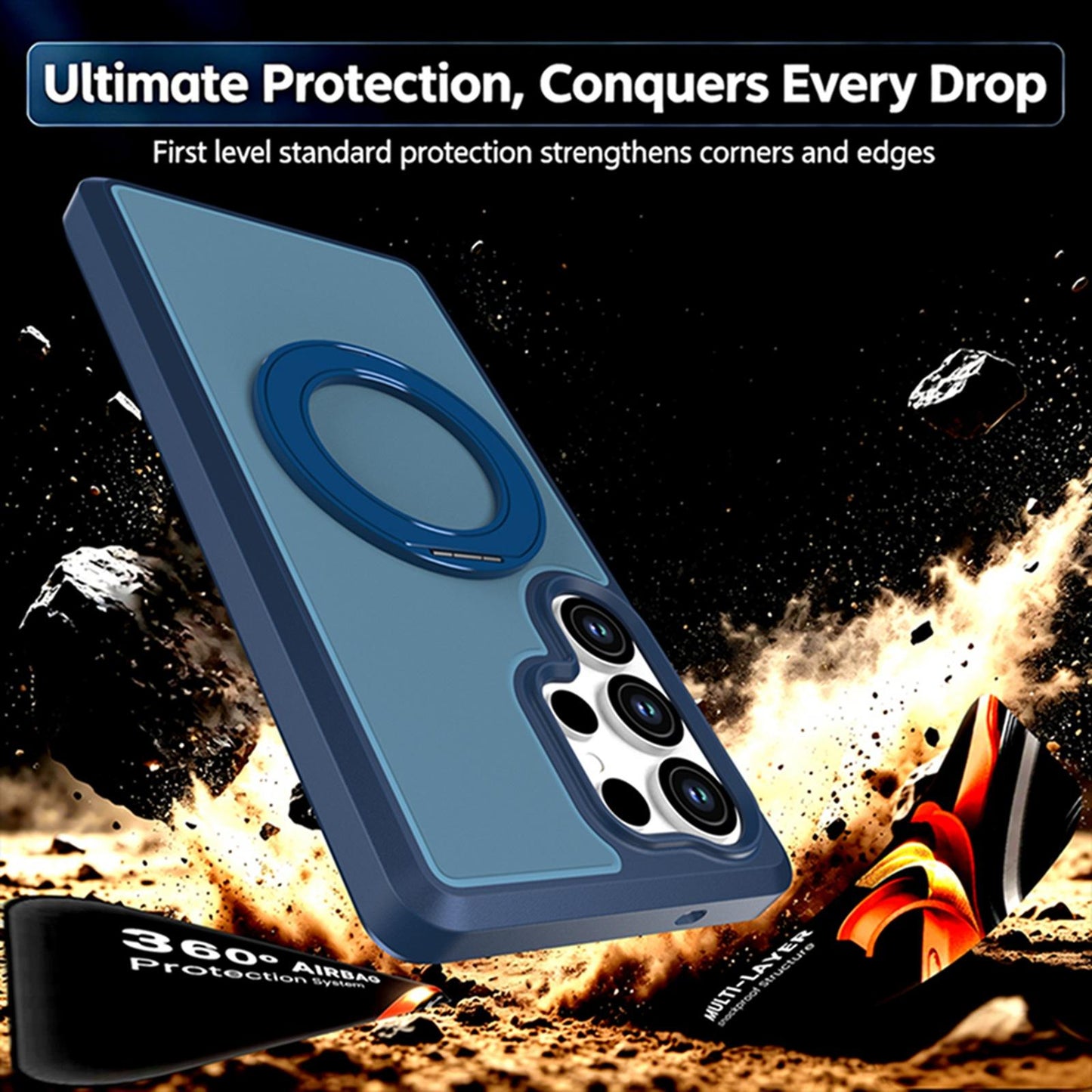 For Galaxy S25 Ultra 5G Silicone Magnetic Anti-drop Protective Phone Case with 360 Rotating Holder(Blue)