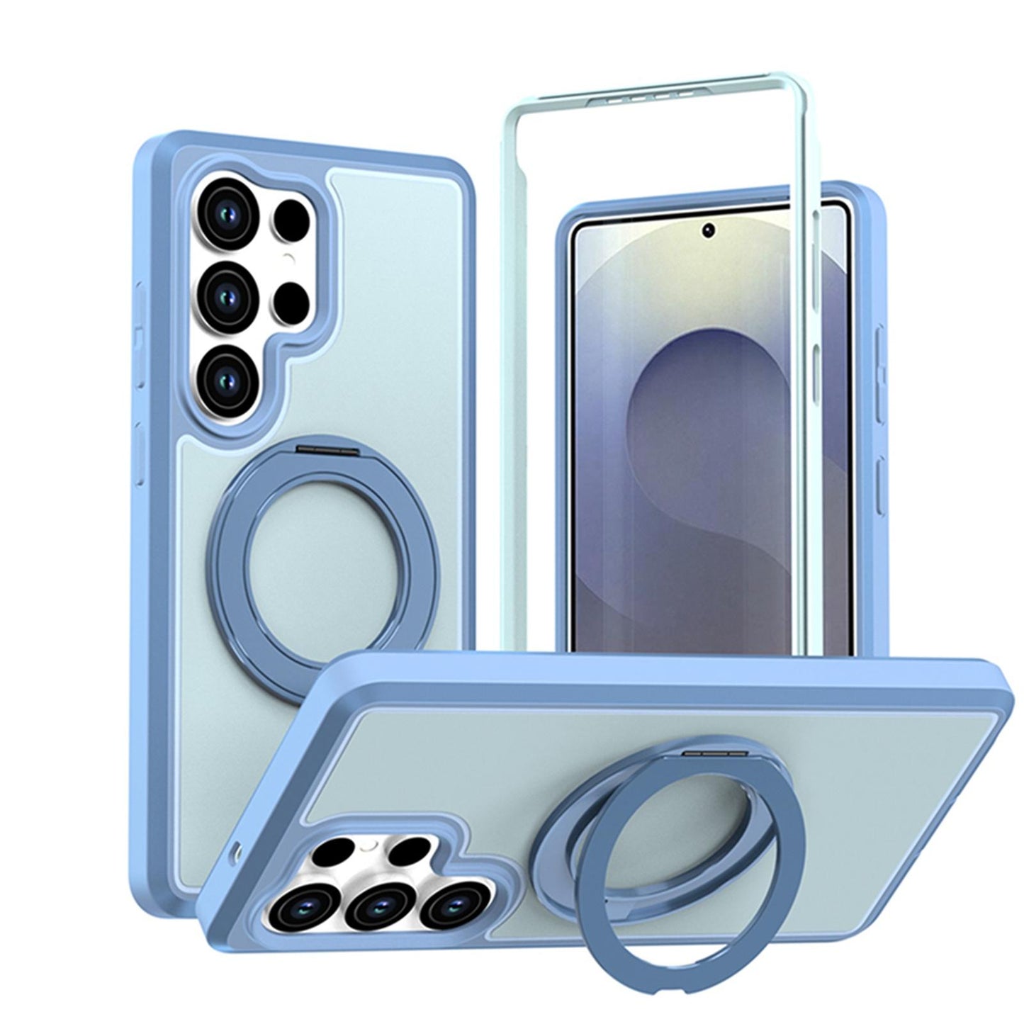 For Galaxy S25 Ultra 5G Silicone Magnetic Anti-drop Protective Phone Case with 360 Rotating Holder(Light Blue)
